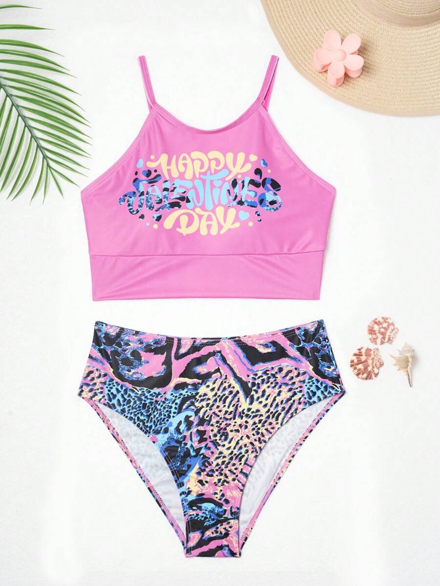 Teenage Girls' Letter Print Splice Animal Pattern Tankini Set - Multicolor - View 1