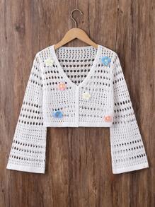 SHEIN Vintaside Kids Maglione A Maglia Per Ragazza Con Camicia A Fiori 3d, Decorato A Maglia Traforato - Bianco - Visualizzare 8