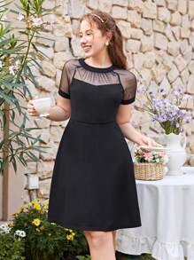 SHEIN Girlism Teen Girl Knitted Patchwork Sheer Mesh Casual Dress In Solid Color