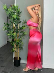 SHEIN SXY Plus Size Gradient Elastic Satin Strapless Top And Straight Pants 2pcs Set - Pink - View 3