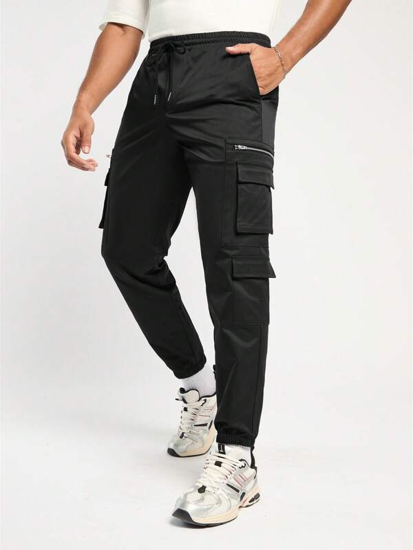 Forever 21 Men's Black Jogger Cargo Pants With Multiple Pockets And Tapered Cut