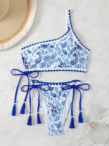 SHEIN Swim Conjunto de bikini con un hombro con estampado de paisley para mujer, traje de baño de verano
