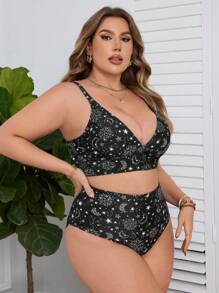 Swim Lushoire Bộ bikini in họa tiết bãi biển mùa hè Plus Size Mặt trời, Mặt trăng, Ngôi sao - Nhiều màu - Xem 3