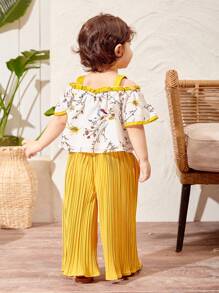 SHEIN Baby Girl's Summer Vacation Floral Print Color Block Tank Top And Pleated Pants Set