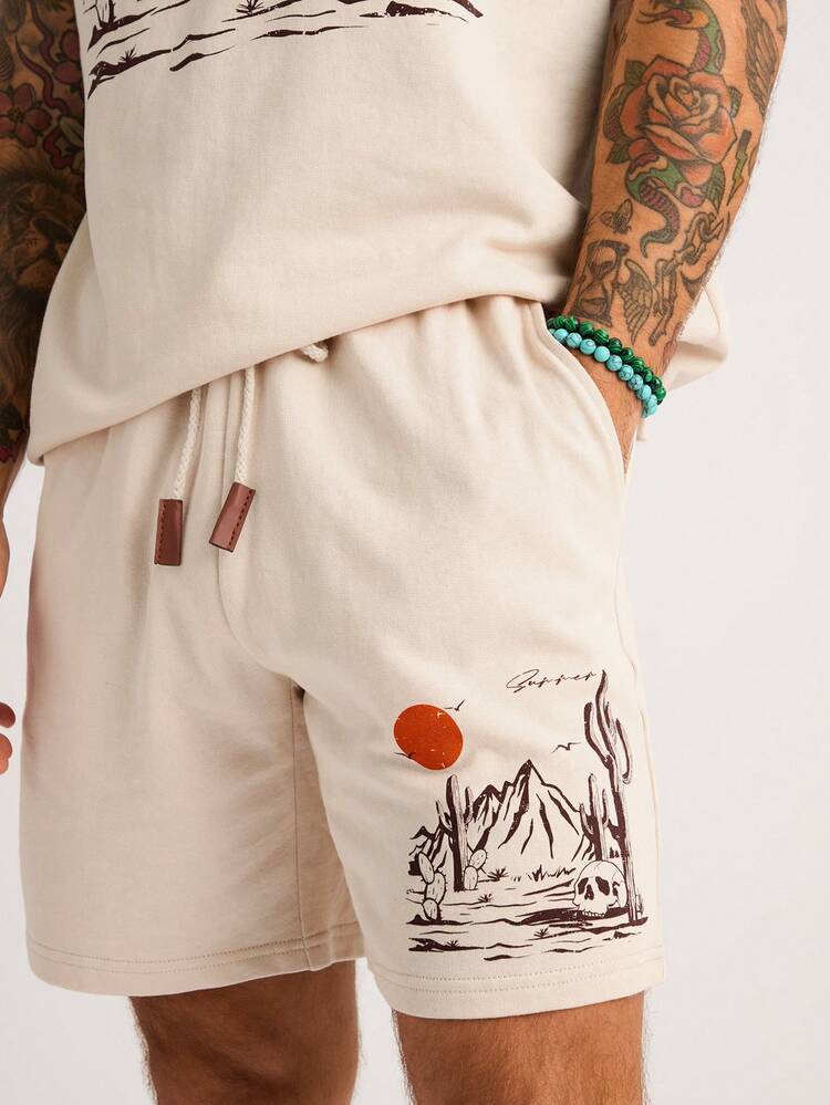 Men's Apricot Western Cactus Printed T-Shirt And Shorts Two-Piece Set
