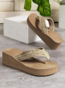 Women's Fashionable Thick-Soled Beach Sandals With  Rope Wedge Heels - Apricot - View 4