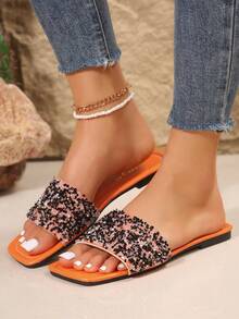 女士加大码平底凉鞋 2024 新款低跟水钻装饰简约系带舒适露趾户外休闲拖鞋 - 橘色 - 查看 7