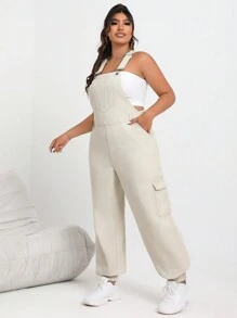 SHEIN EZwear Kích thước lớn Của phụ nữ Đã bỏ túi Quần yếm Denim - Màu Khaki - Xem 6