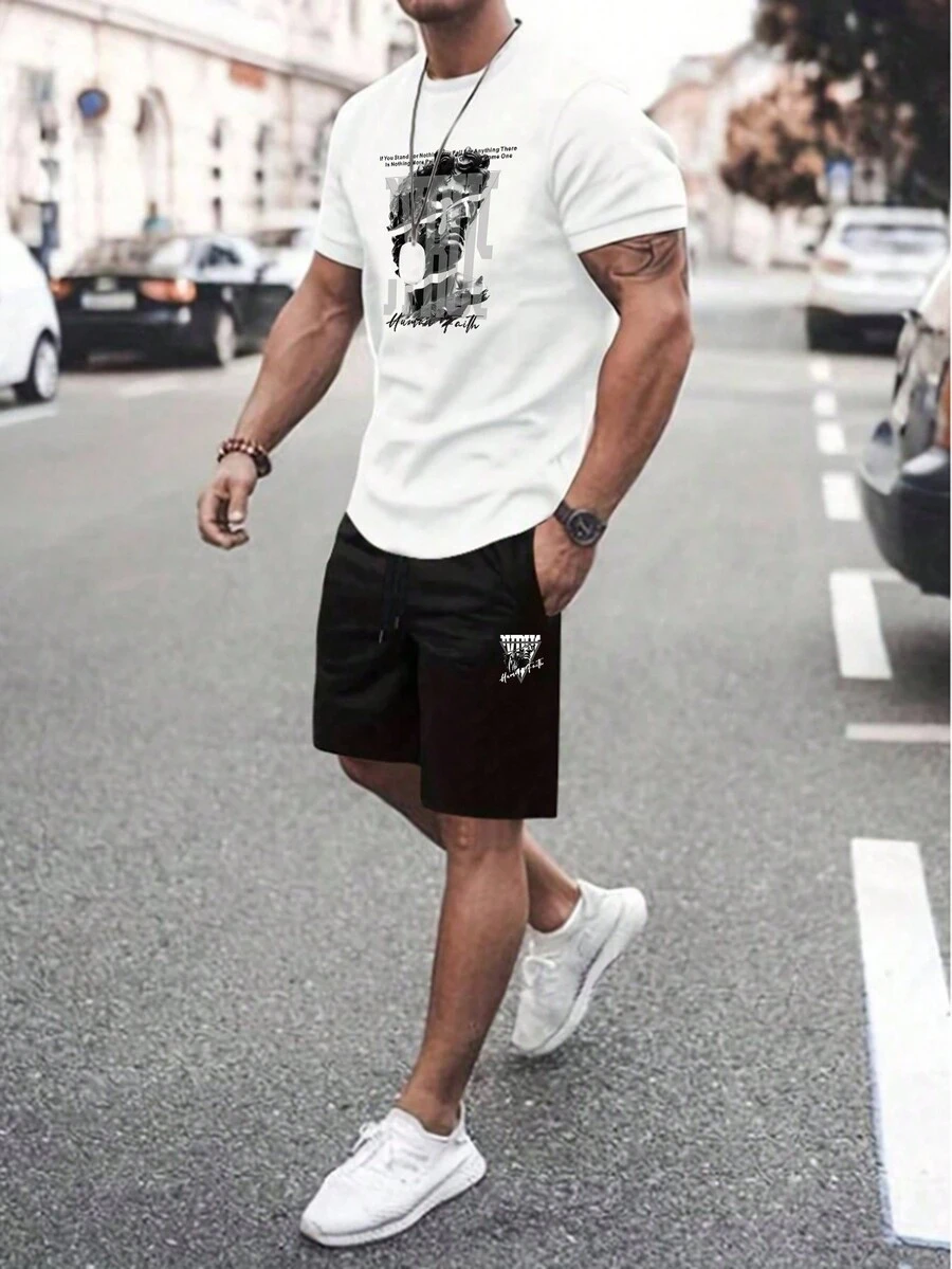 Manfinity LEGND Nam Nhân vật & In Khẩu hiệu Áo thun Và Quần short Bộ - trắng - Xem 1