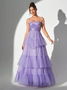 SHEIN Belle Vestido De Noche Morado Elegante, Romántico Y Soñador, Hecho Con Tul De Múltiples Capas Y Correa De Espagueti, Con Un Efecto Brillante De Pastel - Morado - Ver 7