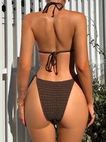 Swim SXY 女款純色紋理泳裝套裝，三點式比基尼套裝，沙灘度假泳衣套裝 - 巧克力棕 - 查看 2