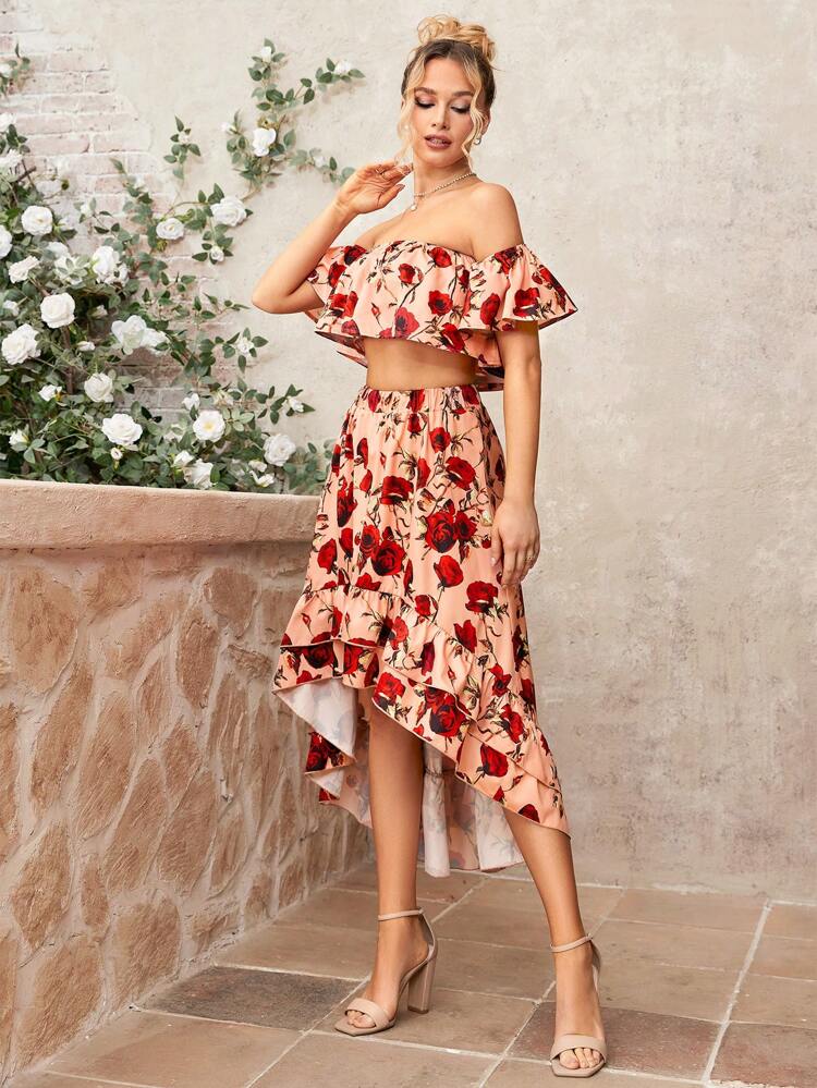 Floral Print Off-Shoulder Top And Ruffled Hem Skirt Set