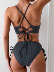 Swim Basics Conjunto de bikini separado para mujer con nudo lateral texturizado para playa de verano