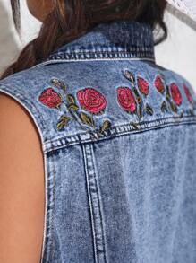 SHEIN VCAY 大碼淺色花卉刺繡鈕扣丹寧背心 - 淺色水洗藍 - 查看 4