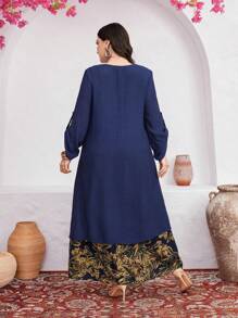Al Najma Plus Size Floral Print Splicing Short-Sleeve 2 In 1 Dress With Rolled Up Cuffs - Multicolor - View 2