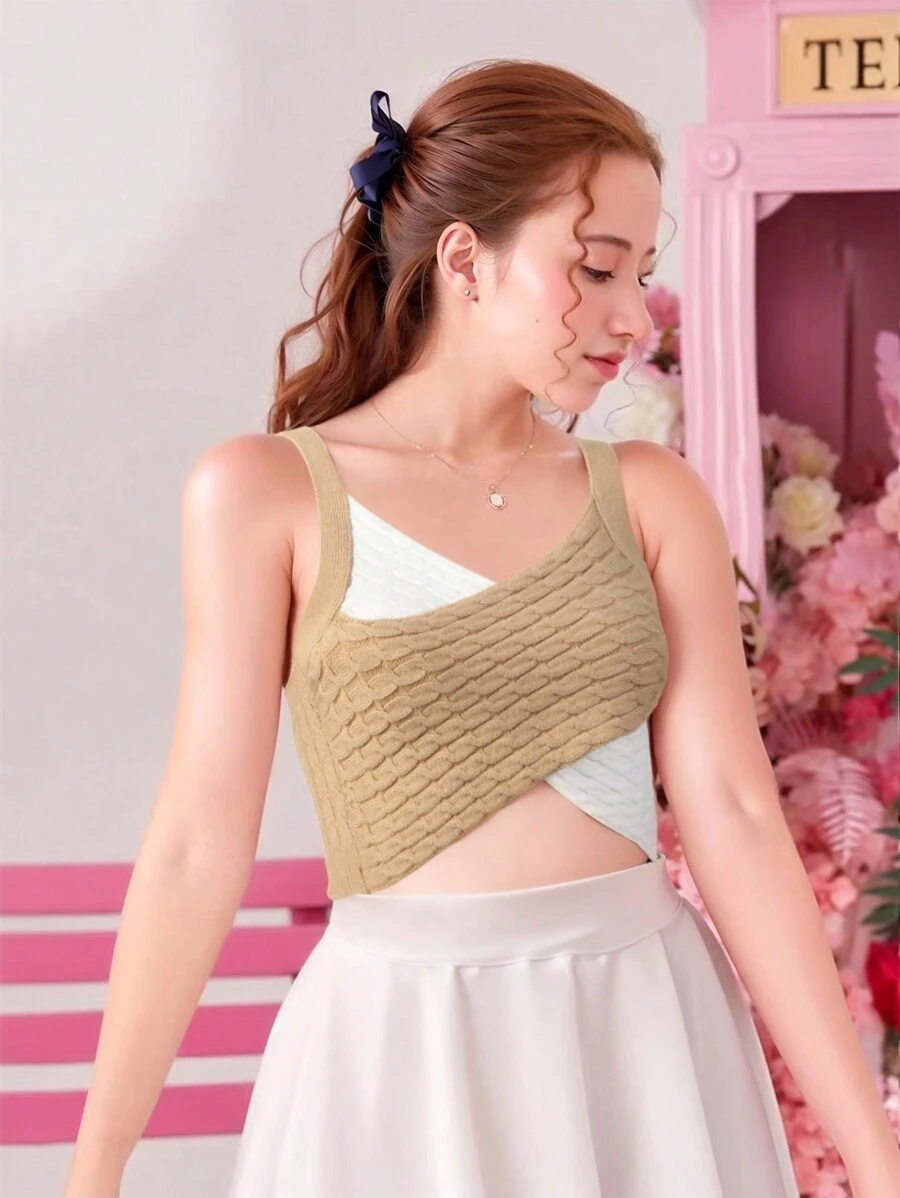 Teenage Girls' Contrast Color Knit Crossed Strap Tank Top - Multicolor - View 1