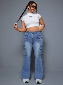 SHEIN ICON Kích thước lớn Của phụ nữ Trang phục làm việc Túi Quần jean loe - Màu xanh lam - Xem 3