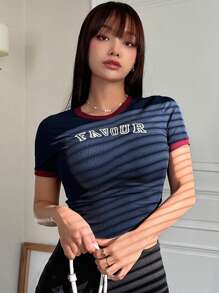 DAZY Áo thun nữ tay ngắn in chữ, chắp vá, mùa hè, áo thun họa tiết - Màu xanh hải quân - Xem 4