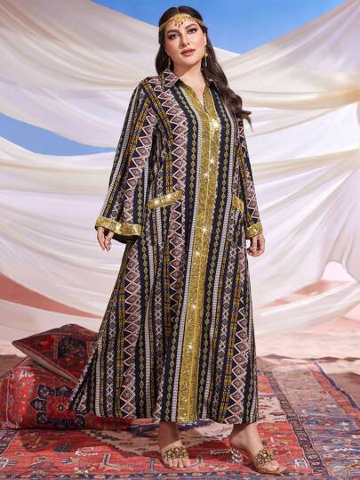 Al Najma Plus Size Women's Geometric Pattern Sparkly Sequin Patchwork Arabic Style Pocket Dress With Collar Kaftan Jalabiya Dress