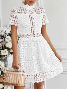 SHEIN Privé Vestido De Patinadora Con Huecos De Color Sólido, Con Corset De Cintura Y Cuello De Pie - Blanco - Ver 7