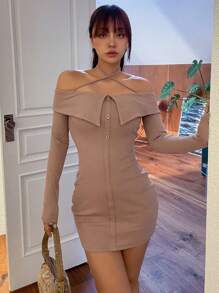 DAZY Women's Off-Shoulder Halter Neckline Bandage Bodycon Dress With Button Design - Khaki - View 4