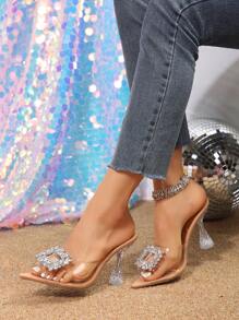 女士水钻透明闪亮高跟凉鞋，优雅浪漫尖头水晶透明细高跟鞋，适合夏季派对，9cm超高跟蝴蝶装饰杏色凉鞋，夜店风格女士凉鞋，童话婚礼高跟鞋 - 無色 - 查看 6