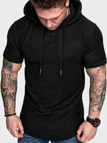 Manfinity Homme 男士素色貼布抽繩連帽t恤 - 黑色 - 查看 5