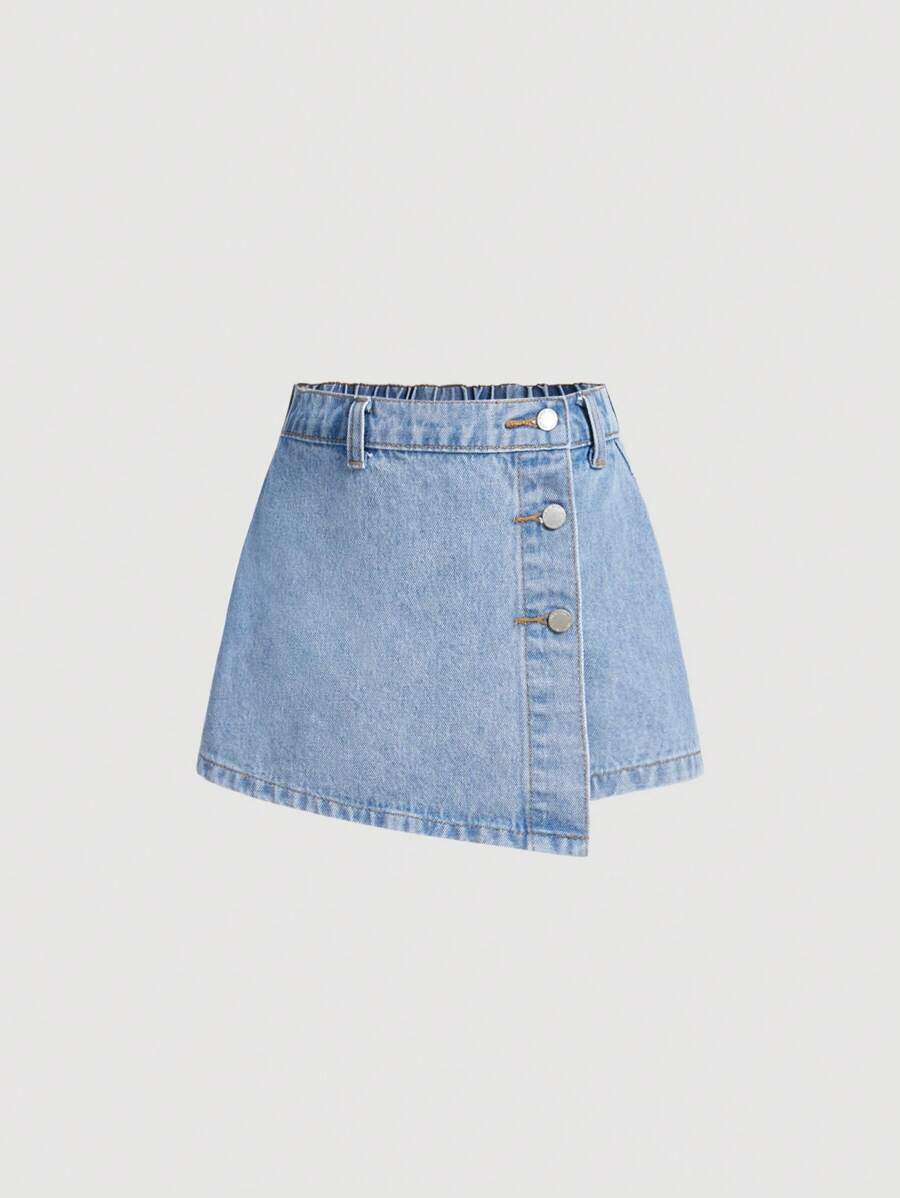 SHEIN Girlism 青少年女孩水洗牛仔不对称纽扣装饰 Y2K 风格短裙、长裤和短裤,夏季度假 - 淺色水洗藍 - 查看 1