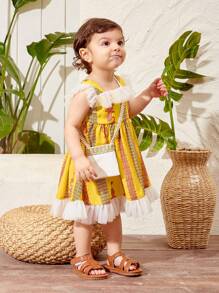 SHEIN Baby Mädchen Schönes Urlaub Paisley Muster Splicing Netz Rüsche Hemd Kleid Mit Crossbody Taschenset - Gelb - Übersicht 4
