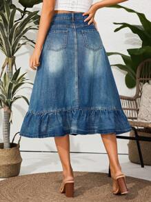 Breezaya Women's Asymmetrical Hem Stonewashed Denim Skirt - Medium Wash - View 2