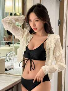 DAZY Women's Patchwork Ruffle Edge Hollow Out Kimono Cover Up - White - View 3