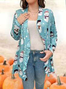 Calvaya Plus Christmas Christmas Snowman Print Frill Trim Coat