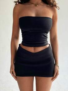Slaydiva 纯色抹胸和修身短裙两件套 - 黑色 - 查看 1