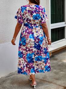 Flirla Plus Size Floral Print V-Neck Belted Dress Maxi Women Outfit For Summer