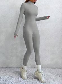 SHEIN Unity 女款純色立領長袖連身褲 - 灰色 - 查看 4