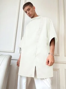 Manfinity EZcore Men's Solid Color Button Front Stand Collar Drop Shoulder Shirt - White - View 5