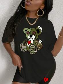 SHEIN Slayr 女式熊印花上衣和心形印花短褲套裝