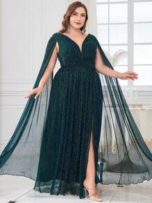 Váy dự tiệc tay dài cổ chữ V xếp nếp cỡ lớn cho nữ Váy dự tiệc cưới Váy trang trọng Váy dạ hội, Váy cô dâu, Trang phục sinh nhật cho phụ nữ, Váy tốt nghiệp, Váy dạ hội - Màu xanh lá cây đậm - Xem 3