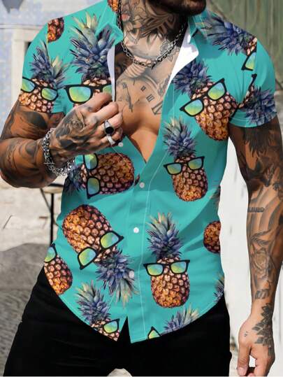Manfinity Dauomo Men's Pineapple Printed Short Sleeve Shirt