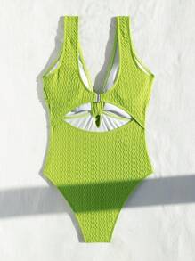 SHEIN Swim Summer Beach Solid Color Textured One-Piece Swimsuit With Shoulder Straps - Green - View 4
