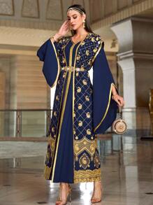 Al Najma Thêu Kết cườm Đầm Và Áo khoác Bộ - Màu xanh hải quân - Xem 1