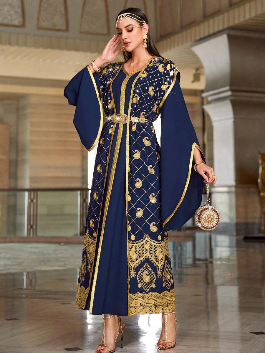 Al Najma Thêu Kết cườm Đầm Và Áo khoác Bộ - Màu xanh hải quân - Xem 1