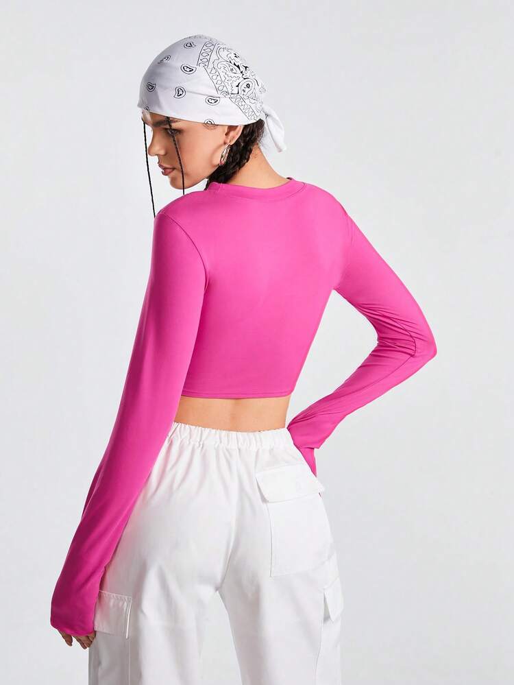 Ladies' Solid Color Round Neck Long Sleeve Pleated T-Shirt