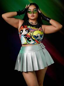 THE POWERPUFF GIRLS X SHEIN Plus Summer Cartoon And Letter Graphic Tank Top - Black - View 9