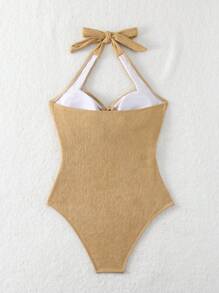 SHEIN Swim 女士纯色吊带连体泳衣 夏季 - 香檳色 - 查看 6