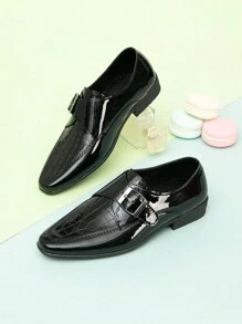 儿童尖头漆皮压花带简约一脚蹬皮革正装鞋