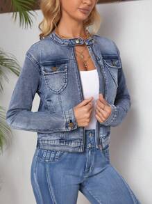 SHEIN LUNE Chaqueta De Mezclilla De Manga Larga Con Cuello Alto Y Cremallera Frontal Para Mujer