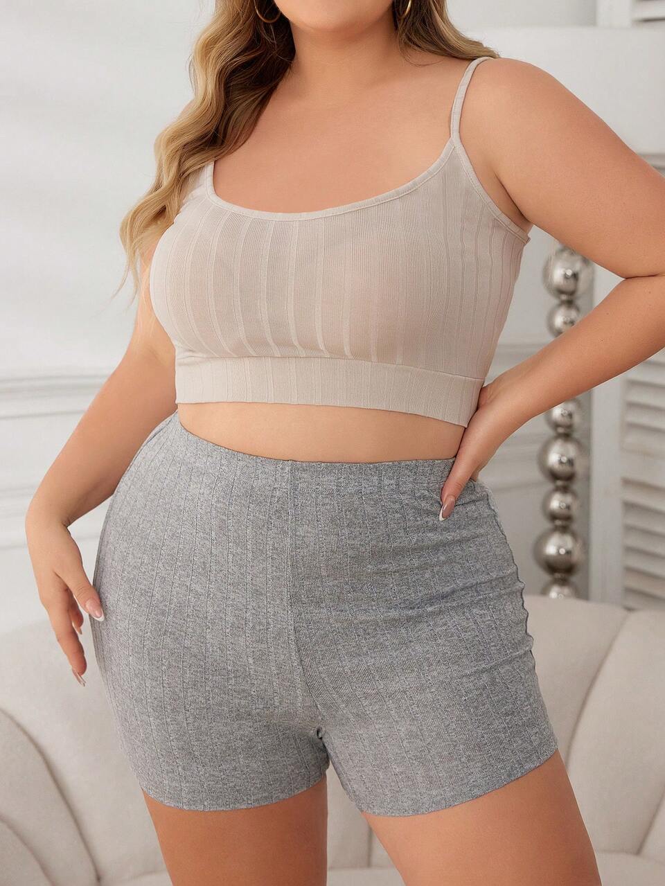 Plus Size Solid Color Ribbed Detail Casual Pajamas Set