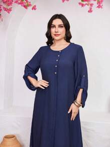 Al Najma Plus Size Floral Print Splicing Short-Sleeve 2 In 1 Dress With Rolled Up Cuffs - Multicolor - View 4