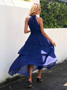 SHEIN Clasi Women's Multi-Layer Ruffle Hem Halter Neck Dress Maxi Women Dresses - Navy Blue - View 2